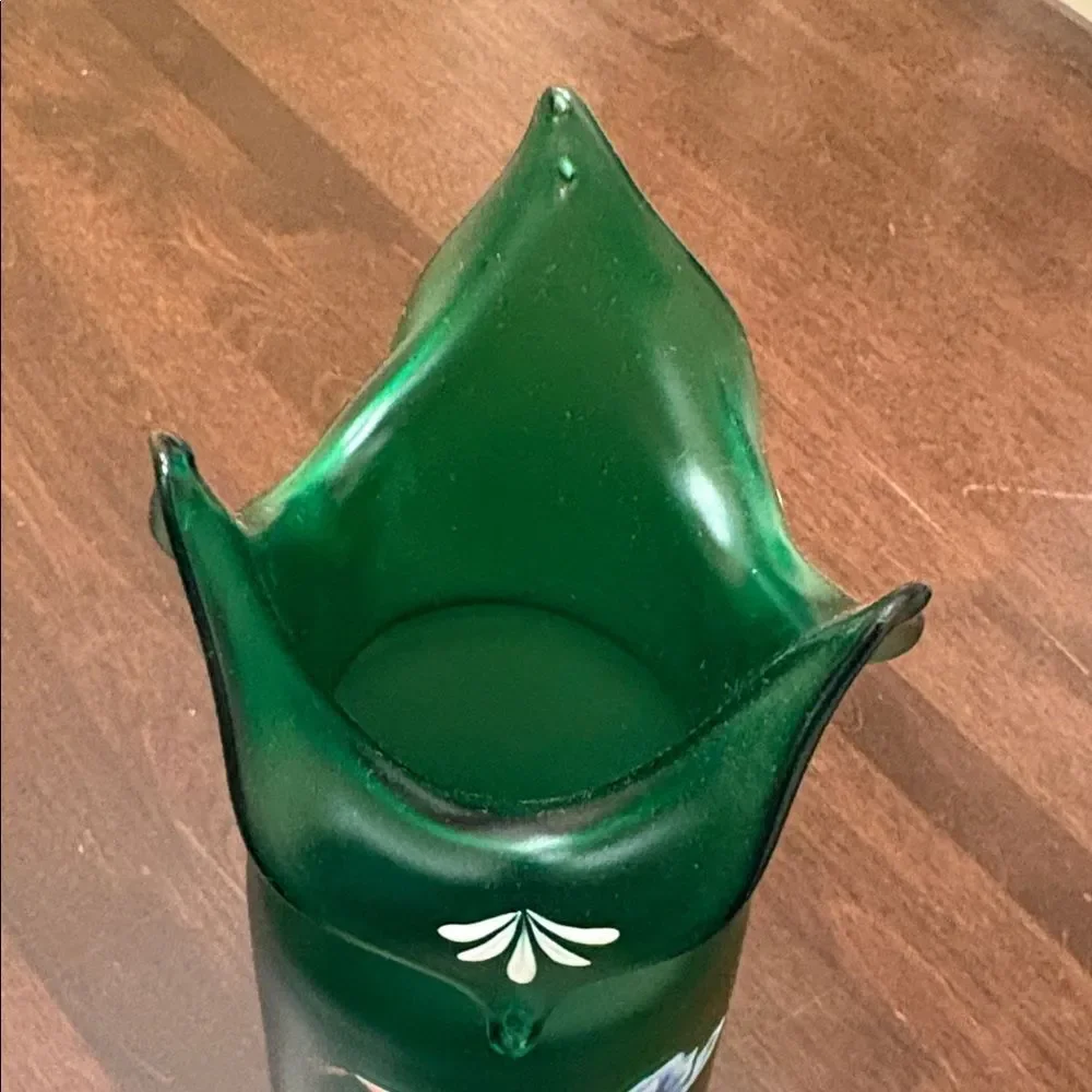 Vintage Green Ruffled Satin Glass Vase 10.5” Hand Enameled